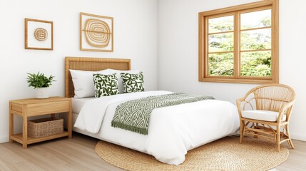 Bright and minimalist bedroom with natural light, cozy furnishings, and green plant accents, representing modern interior design and comfort