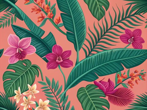 Vibrant Tropical Floral Pattern on Peach Background