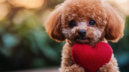 Cute Poodle Dog Holding Red Heart for Valentine's Day Concept