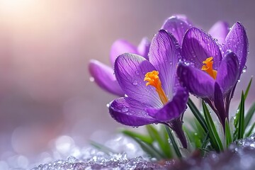 Spring crocus flowers with sun rays