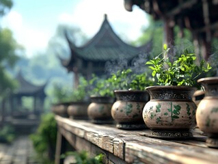 Fototapeta premium Traditional Asian garden scene with ceramic pots, green plants, and serene wooden structures, evoking cultural heritage and peaceful natural beauty