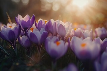 Spring crocus flowers with sun rays