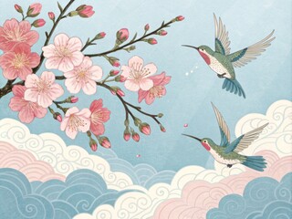 Delicate Hummingbirds Soar Amidst Blossoming Cherry Trees