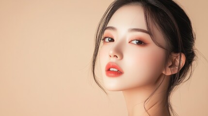 Fototapeta premium Beautiful young asian woman with clean fresh skin on beige background, Face care, Facial treatment, Cosmetology, beauty and spa, Asian women portrait. Banner with copy space