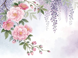 Delicate Pink Blossoms and Wisteria, Watercolor Floral Design