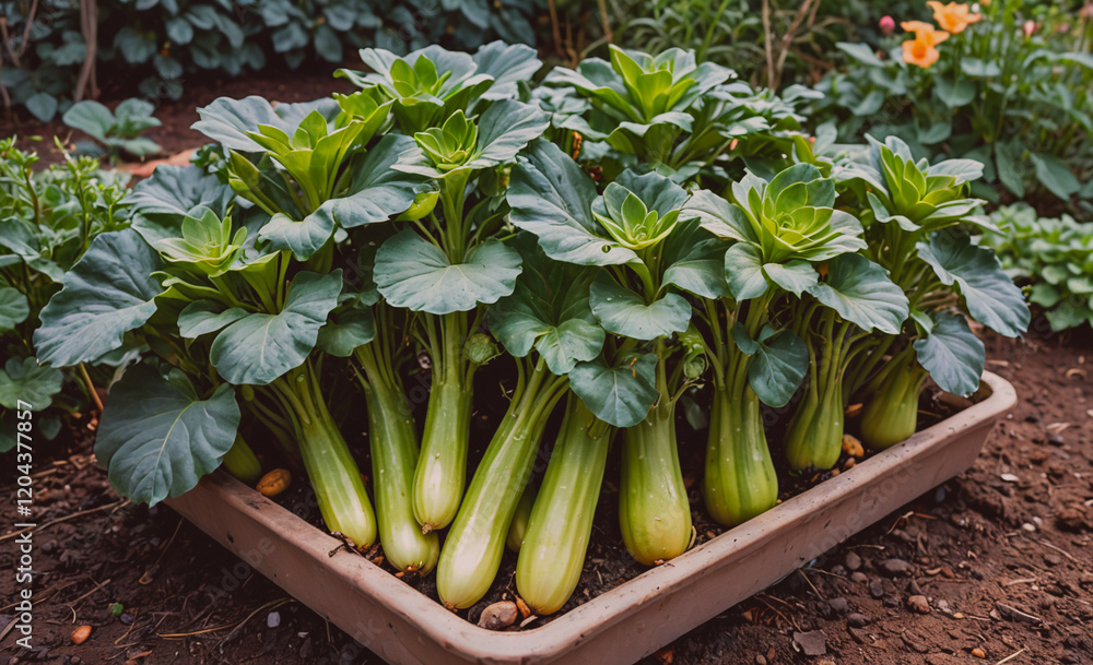 Poster tray of green vegetables including celery and broccoli. the vegetables are in a garden setting