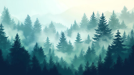 Misty forest landscape with lush greenery and towering pine trees, evoking tranquility. Dream Forest. Illustration