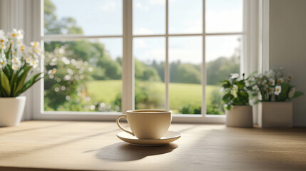 A cup of coffee in front of a bright window with a spring landscape view