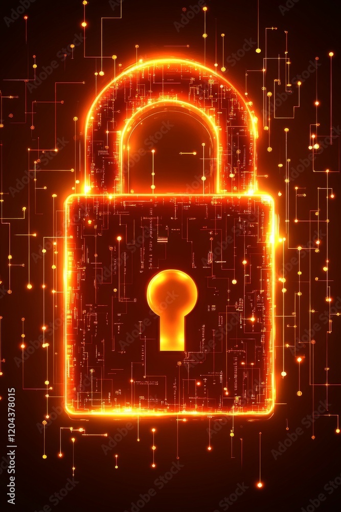 Poster illuminated digital padlock with glowing orange outline on binary code background, symbolizing cyber