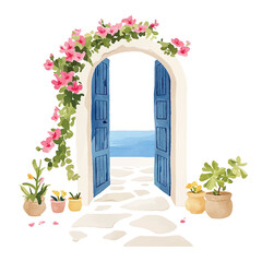 Watercolor wooden door entwined with flowers. Cute image suitable for cards, invitations, weddings, fabric making cozy door with flowers on white background