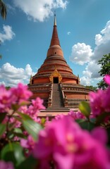 Fototapeta premium Ancient red brick pagoda in Chiang Mai Thailand. Buddhist temple with large stupa. Steps lead to entrance. Pink flowers in foreground. Religious site for worship. Stunning architecture. Tourist