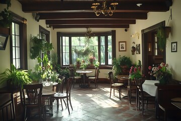 Fototapeta premium Sunlit Garden Room Restaurant with Antique Furnishings and Lush Greenery