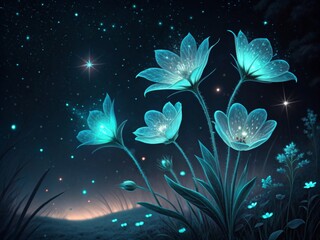 Obraz premium Glowing Teal Flowers Under a Starry Night Sky