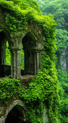 Naklejka premium Gothic architecture, A high-fidelity image of a Gothic monastery in a tranquil forest setting, showcasing serene natural beauty.