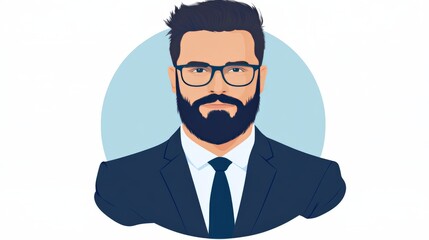 Modern vector portrait of a confident businessman with sharp features, dark glasses, and a professional look, set against a clean minimalist background for branding and corporate identity use