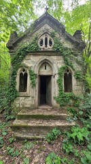 Gothic architecture, A high-fidelity image of a Gothic monastery situated in a tranquil forest setting.