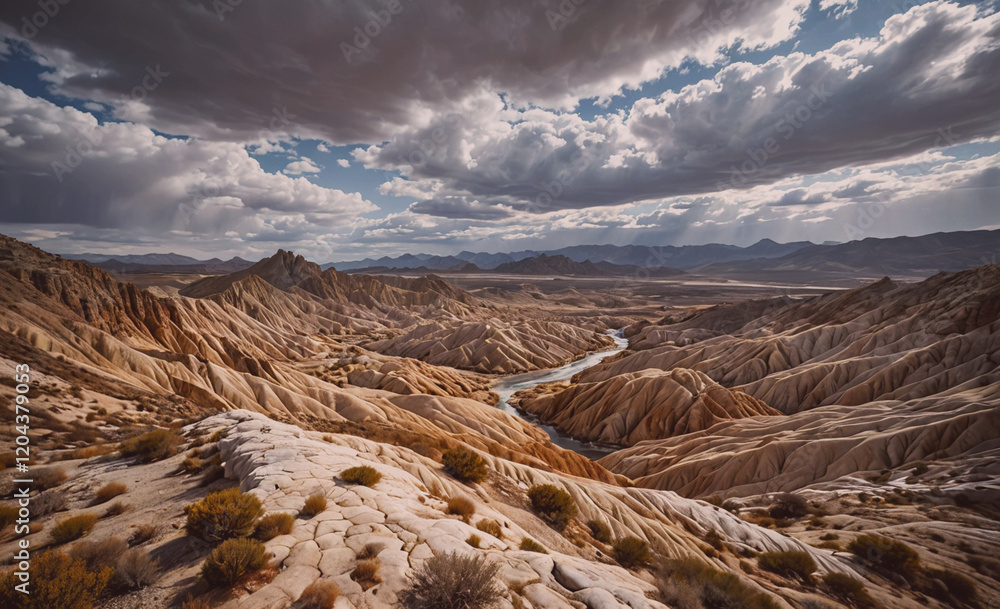 Poster desert landscape with a river running through it. the sky is cloudy and the sun is shining through t