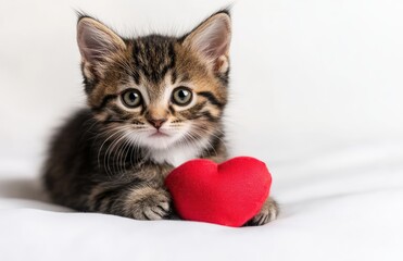 Sweet kitten holding a red heart on a soft white surface, creating a loving and tender atmosphere. Perfect for Valentine’s Day designs, pet-themed promotions, and cheerful content