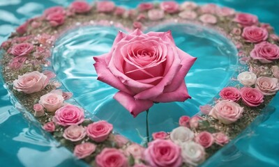 Elegant pink rose surrounded by smaller roses in a heart shape on tranquil blue water. Valentine’s Day, date, engagement, love, wedding, background