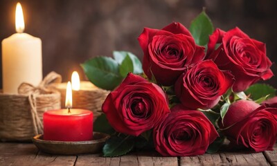 Beautiful arrangement of red roses with candles creating a romantic atmosphere for a special occasion. Valentine’s Day, date, engagement, love, wedding, background