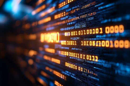 A close-up view of glowing binary code, illustrating digital data processing and technology