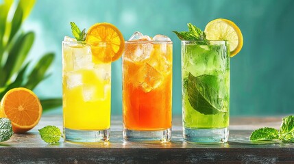 Fototapeta premium Refreshing cocktails on a wooden bar natural sunlight beverage bright and inviting atmosphere