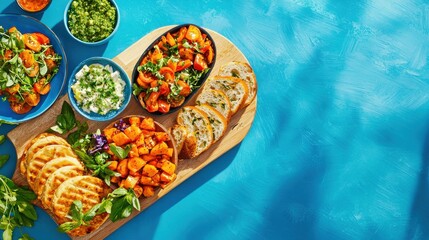 Gourmet picnic food arrangement aerial view outdoor setting colorful culinary presentation natural light