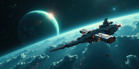 Naklejka premium A futuristic spaceship soars through the cosmos, navigating a vibrant nebula and a celestial body with a turquoise atmosphere