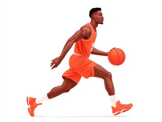 Dynamic basketball player in mid dribble action wearing orange athletic gear on a minimalist background, celebrating competitive sports, agility, and vibrant athleticism in motion