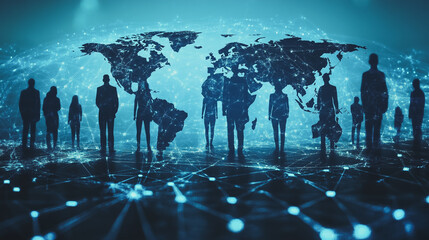 Obraz premium abstract professional business team people innovation connection of line from nail node to node on map background , networking concept