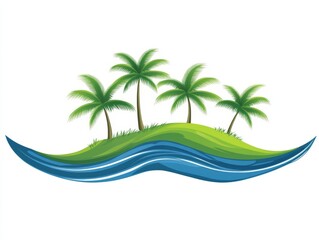 Tropical island logo design with palm trees and flowing waves in vibrant green and blue tones, perfect for eco tourism, beach resorts, and coastal travel branding