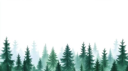 Misty Evergreen Forest Landscape: A Serene Watercolor Painting of Pine Trees in Fog