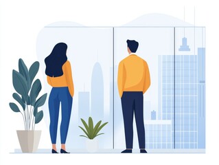 Obraz premium Business professionals discussing corporate strategies while observing cityscape through glass windows, embodying teamwork, growth, and vision in a collaborative business setting