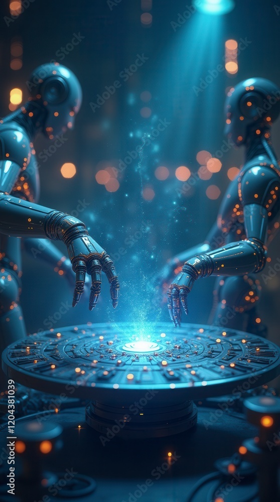 Poster neural network or artificial intelligence in industry 4.0. robotic arms creates neural network on po