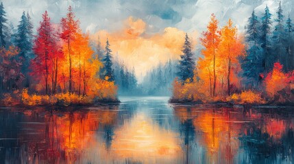 Serene autumn landscape with vibrant trees reflecting on calm water under a cloudy sky