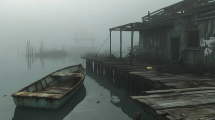 Abandoned dock with a boat, misty fog, and a worn-down wooden building by the water