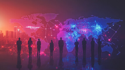 Obraz premium abstract professional business team people innovation connection of line from nail node to node on map background , networking concept