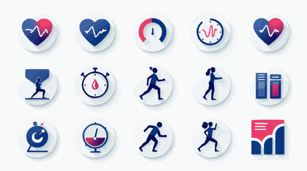 Fototapeta premium containing 15 health and fitness-related icons. Icons include a heart with a heartbeat line, a person lifting weights, running, walking, a stopwatch, books, and a bar chart.