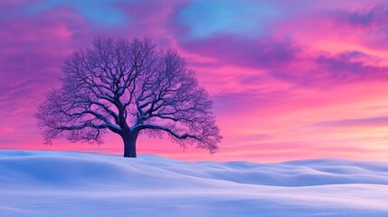 Majestic Winter Oak at Sunrise - Serene winter sunrise scene, symbolizing peace, solitude, resilience, beauty, and hope.  A snow-covered landscape with a single oak tree.