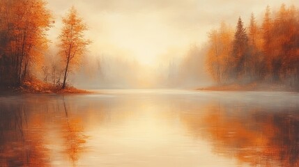 Fototapeta premium Serene autumn landscape with a calm lake reflecting vibrant orange trees and misty background