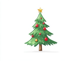 Fototapeta premium Traditional Christmas tree adorned with red and gold ornaments, glowing lights, and a festive star topper for heartwarming holiday illustrations and cheerful seasonal art