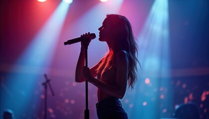 Female singer performs on stage during vibrant light show. Silhouette of woman vocalist singing with energy. Live music performance in nightclub. Glamorous atmosphere. Nightclub scene. Pink, blue