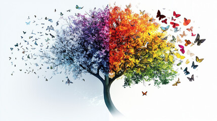 Fototapeta premium Colorful tree transforming with butterflies symbolizing seasonal change