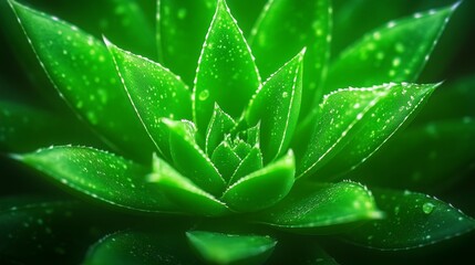 Lush Green Succulent Plant with Dew Drops - Close-up view of a vibrant green succulent plant, glistening with morning dew.  Its leaves are thick and display a beautiful texture.