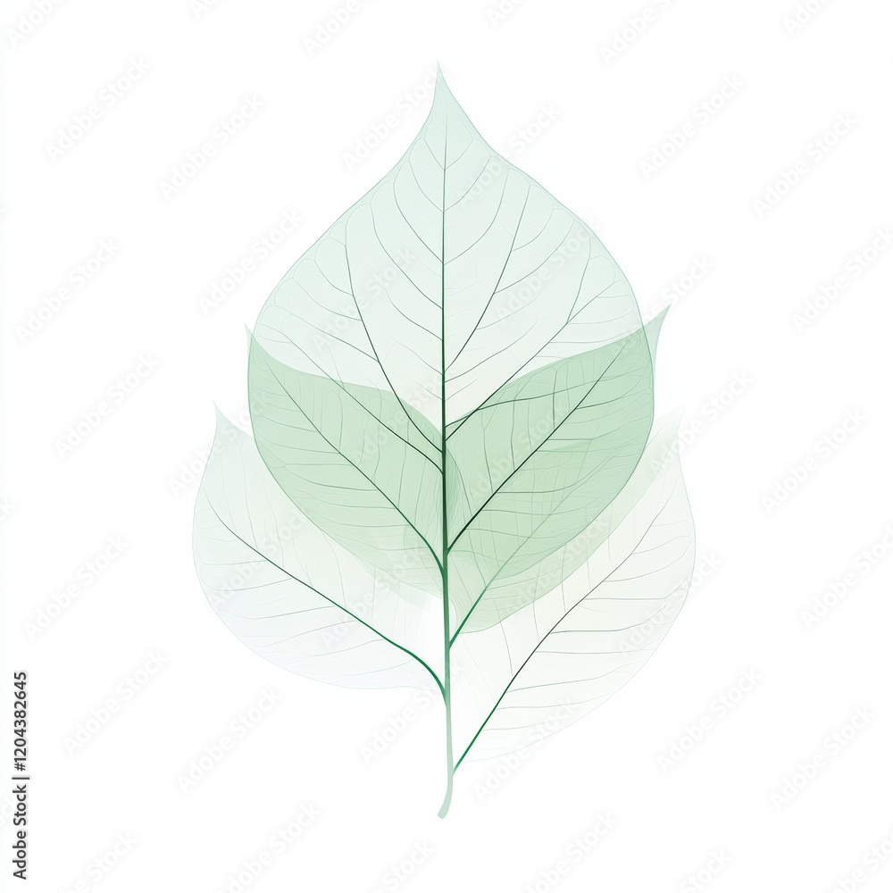 Poster Multiple transparent green leaves layered to create a delicate, artistic composition on a white background. Generative AI