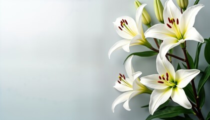 White lilies arranged in bouquet. Elegant floral arrangement perfect for condolence card funeral background. Beautiful flowers for sympathy, remembrance. High quality image with copy space. Use image