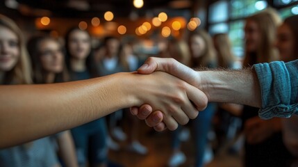 Close-up handshake between two people, with a blurred background of a group of young adults.