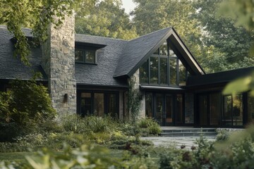 Fototapeta premium Beautiful modern house surrounded by lush greenery in a tranquil setting showcasing architectural elegance and nature integration at sunset