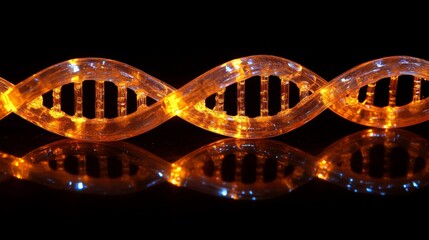 Close-up of a DNA double helix model with glowing strands