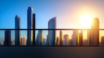 Obraz premium Cityscape Sunset View from Balcony - Stunning sunset over a modern city skyline viewed from a balcony with glass railing. Golden hour light bathes the skyscrapers.